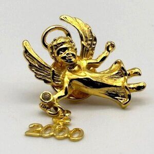 Vintage Year 2000 Angel Lapel Pin, Gold Tone Metal, Dangling "2000" W/Rhinestone